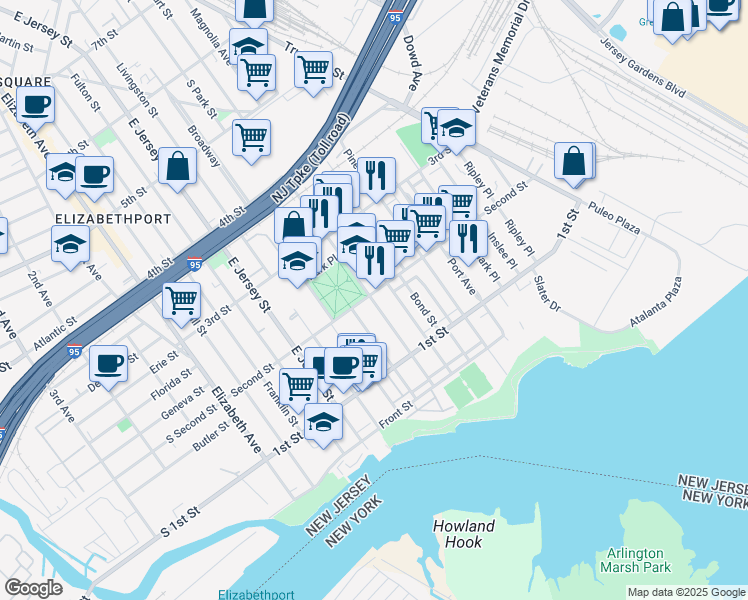 map of restaurants, bars, coffee shops, grocery stores, and more near 148 Magnolia Avenue in Elizabeth