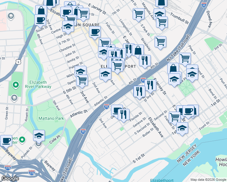 map of restaurants, bars, coffee shops, grocery stores, and more near 368 1st Avenue in Elizabeth