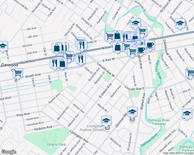 map of restaurants, bars, coffee shops, grocery stores, and more near 90 Benjamin Street in Cranford