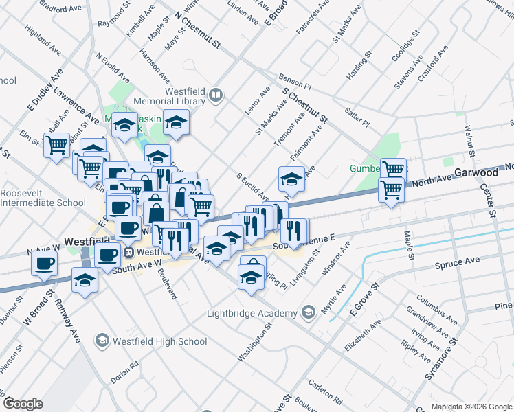 map of restaurants, bars, coffee shops, grocery stores, and more near 433 North Avenue East in Westfield