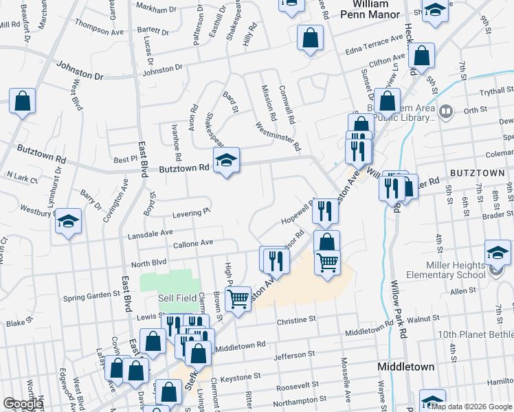 map of restaurants, bars, coffee shops, grocery stores, and more near 2621 Nottingham Road in Bethlehem