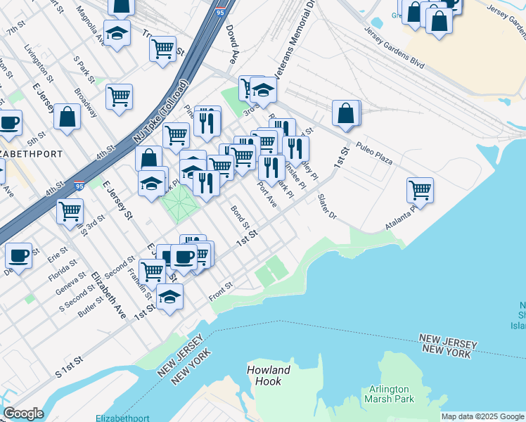 map of restaurants, bars, coffee shops, grocery stores, and more near 111 Pine Street in Elizabeth