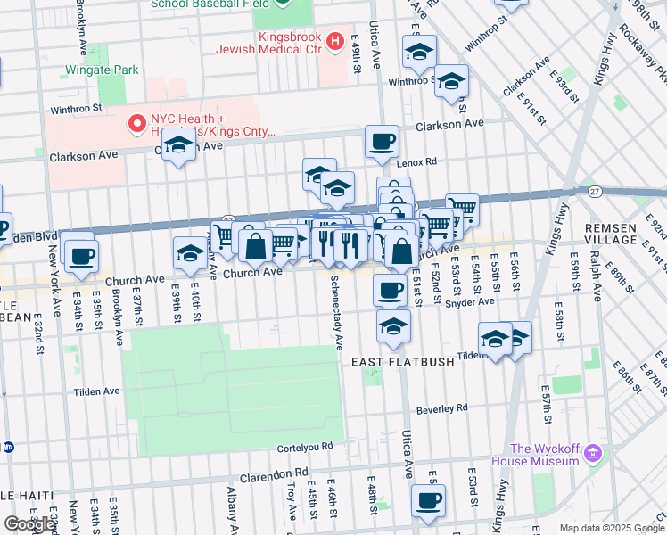 map of restaurants, bars, coffee shops, grocery stores, and more near Church Ave & Schenectady Ave in Brooklyn