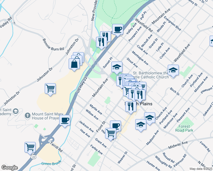 map of restaurants, bars, coffee shops, grocery stores, and more near 309 Cedar Grove Terrace in Scotch Plains