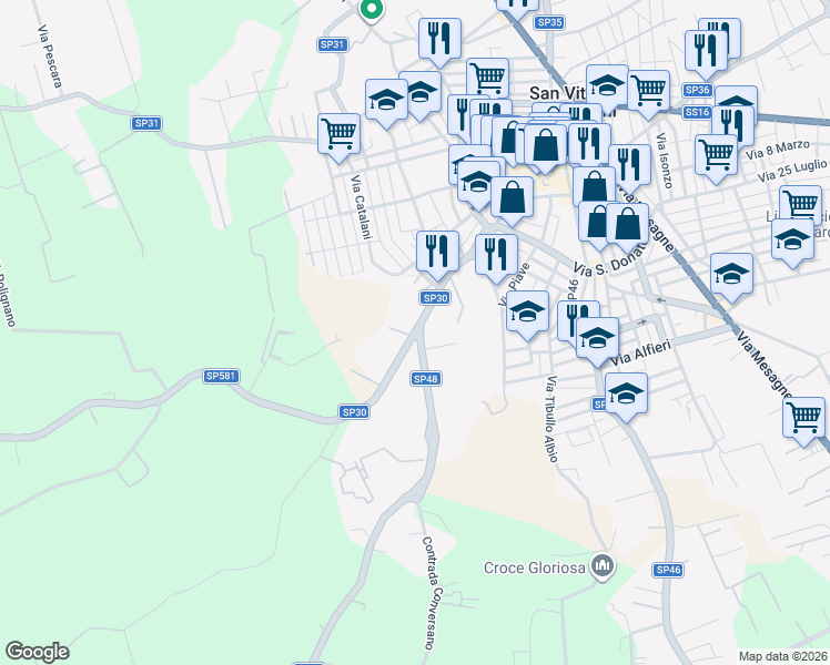 map of restaurants, bars, coffee shops, grocery stores, and more near Strada Provinciale 30 in San Vito dei Normanni