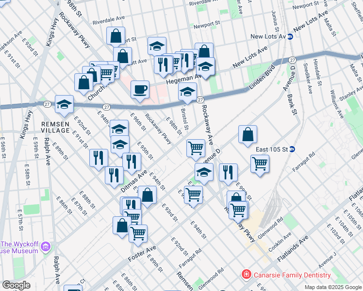map of restaurants, bars, coffee shops, grocery stores, and more near 742 Roackaway Parkway in Brooklyn