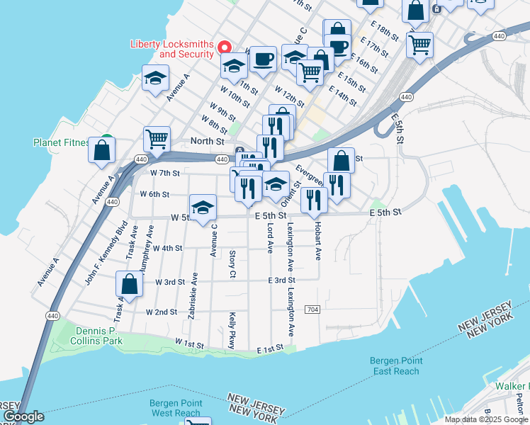map of restaurants, bars, coffee shops, grocery stores, and more near 5 East 5th Street in Bayonne