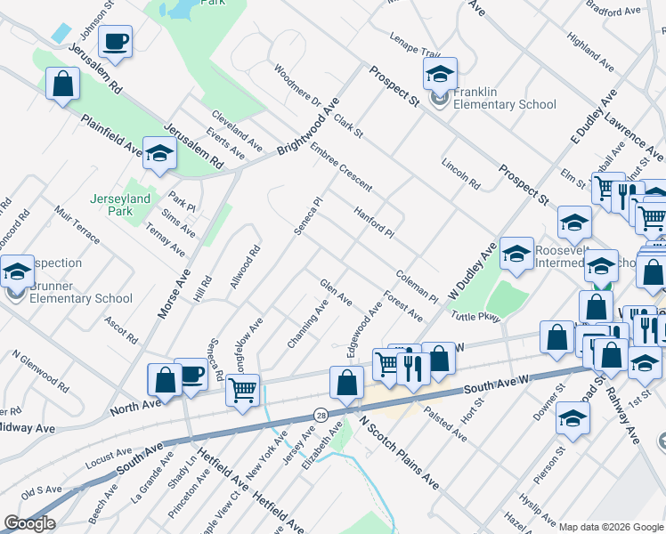 map of restaurants, bars, coffee shops, grocery stores, and more near 711 Forest Avenue in Westfield