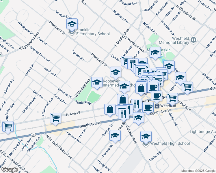 map of restaurants, bars, coffee shops, grocery stores, and more near 305 Clark Street in Westfield