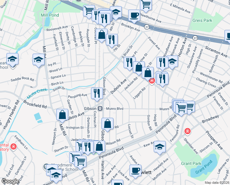 map of restaurants, bars, coffee shops, grocery stores, and more near 13 Carstairs Road in Valley Stream