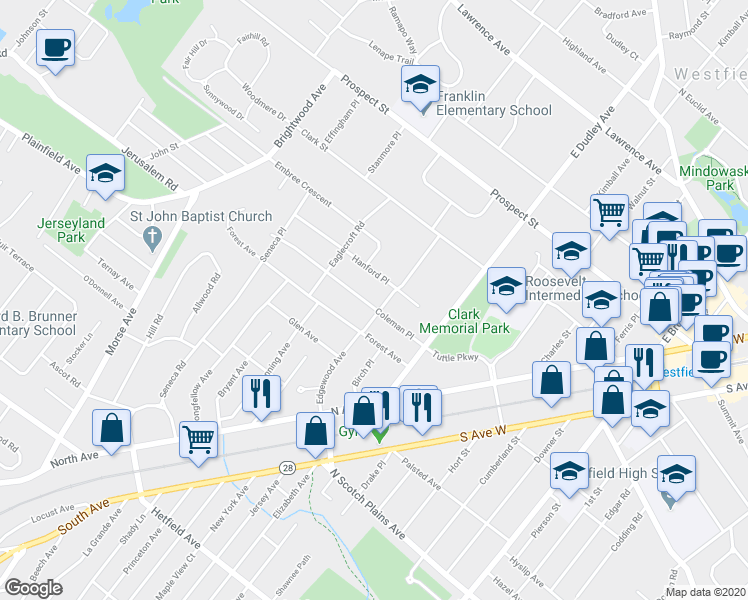 map of restaurants, bars, coffee shops, grocery stores, and more near 318 Edgewood Avenue in Westfield