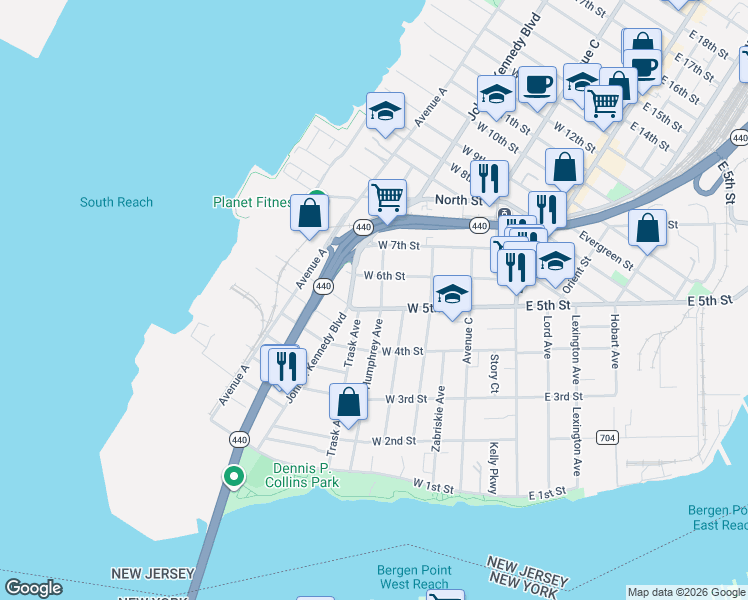 map of restaurants, bars, coffee shops, grocery stores, and more near 109 West 5th Street in Bayonne