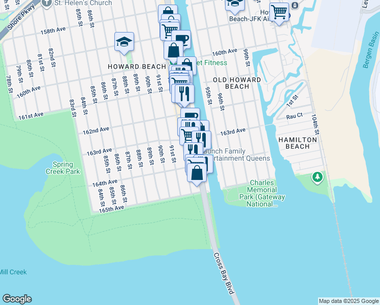 map of restaurants, bars, coffee shops, grocery stores, and more near 163-30 92nd Street in Queens