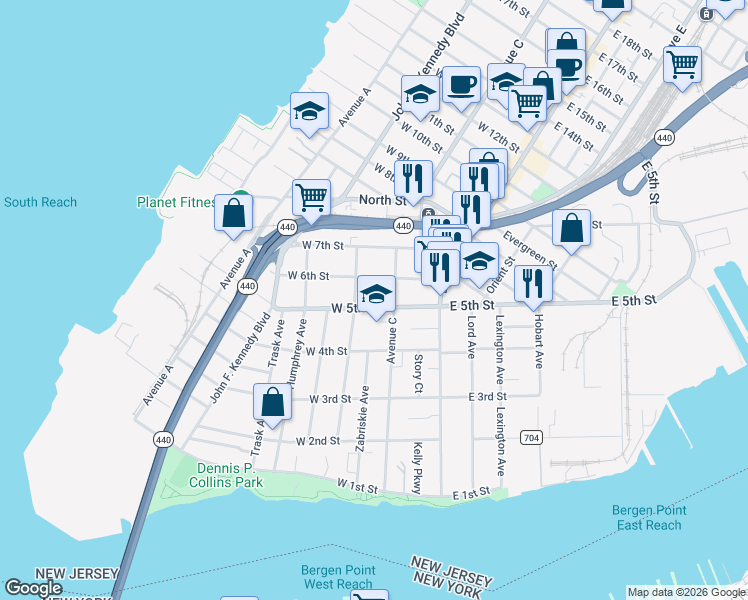 map of restaurants, bars, coffee shops, grocery stores, and more near 63 West 5th Street in Bayonne
