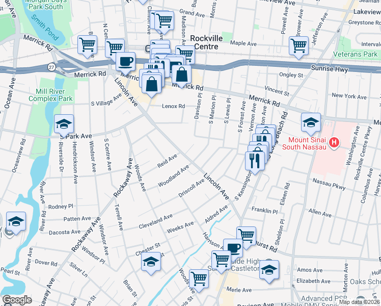 map of restaurants, bars, coffee shops, grocery stores, and more near 4 McGann Drive in Rockville Centre