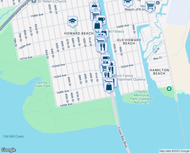map of restaurants, bars, coffee shops, grocery stores, and more near 163-29 90th Street in Queens