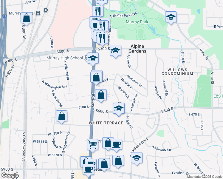 map of restaurants, bars, coffee shops, grocery stores, and more near 5484 235 East in Murray