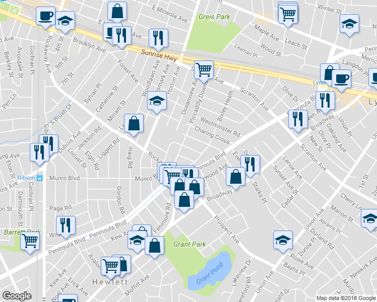 map of restaurants, bars, coffee shops, grocery stores, and more near 56 Trafalgar Square in Lynbrook