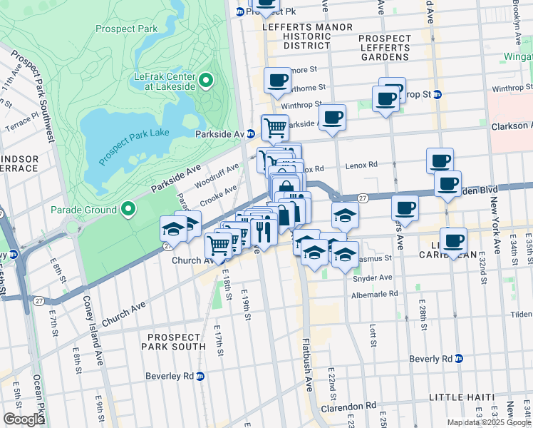 map of restaurants, bars, coffee shops, grocery stores, and more near 100 East 21st Street in Brooklyn