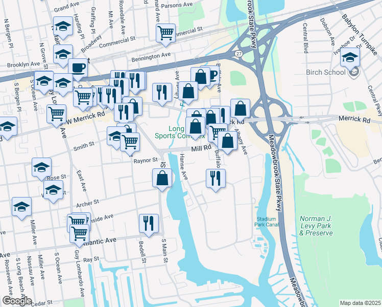 map of restaurants, bars, coffee shops, grocery stores, and more near 52 Mill Road in Freeport