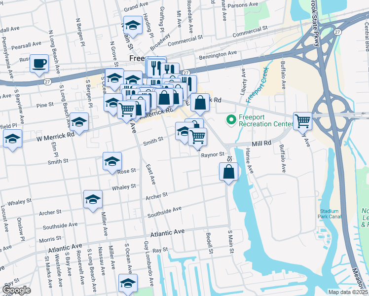 map of restaurants, bars, coffee shops, grocery stores, and more near 80 Raynor Street in Freeport