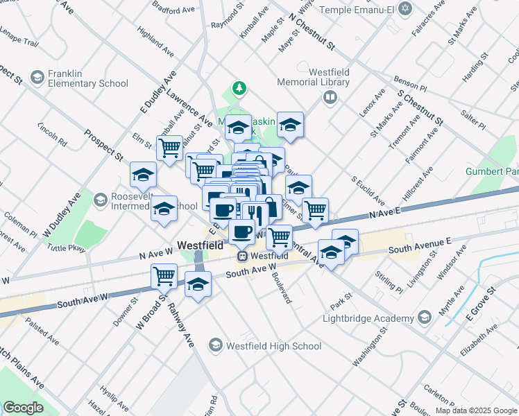 map of restaurants, bars, coffee shops, grocery stores, and more near 155 Central Avenue in Westfield
