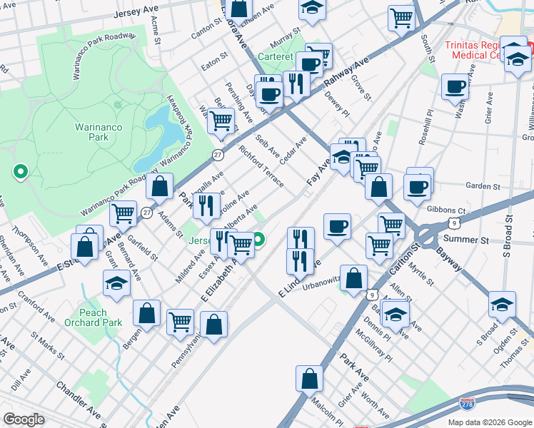 map of restaurants, bars, coffee shops, grocery stores, and more near 2113 Fay Avenue in Linden