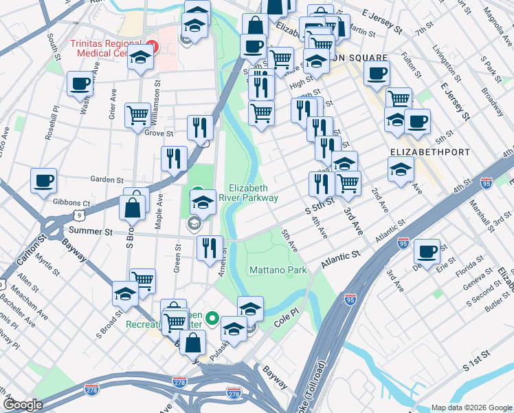 map of restaurants, bars, coffee shops, grocery stores, and more near 513 Spencer Street in Elizabeth