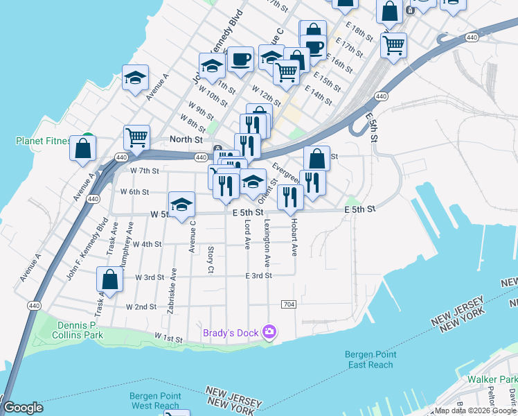 map of restaurants, bars, coffee shops, grocery stores, and more near 57 East 5th Street in Bayonne