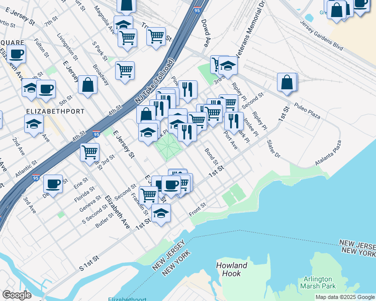 map of restaurants, bars, coffee shops, grocery stores, and more near 148 Magnolia Avenue in Elizabeth