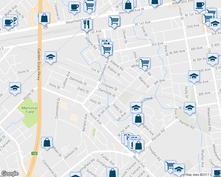 map of restaurants, bars, coffee shops, grocery stores, and more near 440 Cristiani Street in Roselle