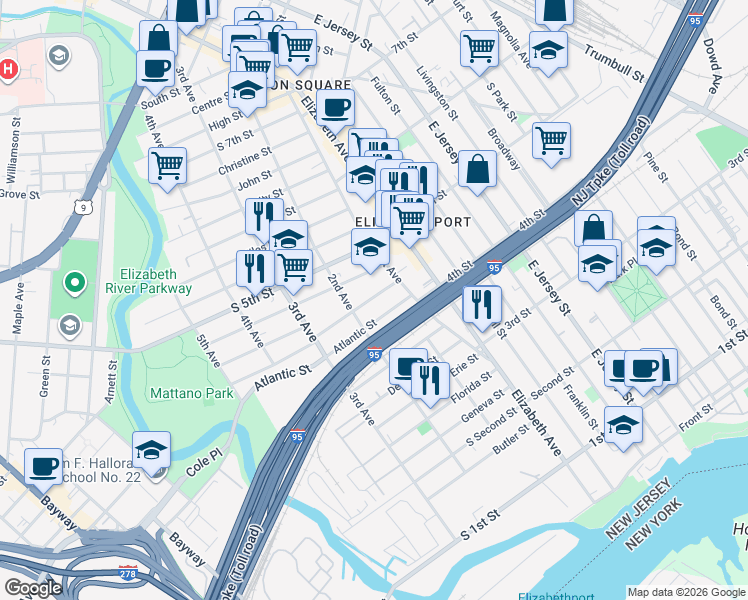 map of restaurants, bars, coffee shops, grocery stores, and more near 28 Rankin Street in Elizabeth