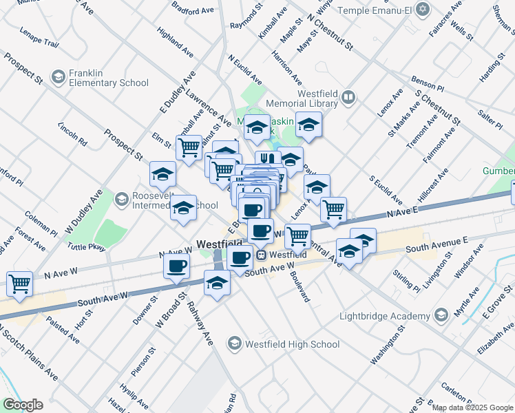 map of restaurants, bars, coffee shops, grocery stores, and more near 43 Elm Street in Westfield