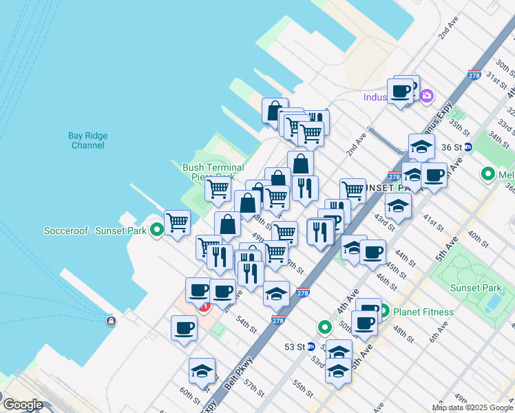 map of restaurants, bars, coffee shops, grocery stores, and more near 4717 1st Avenue in Brooklyn