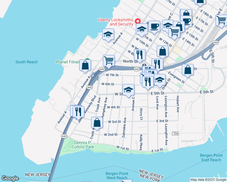 map of restaurants, bars, coffee shops, grocery stores, and more near 91 West 5th Street in Bayonne