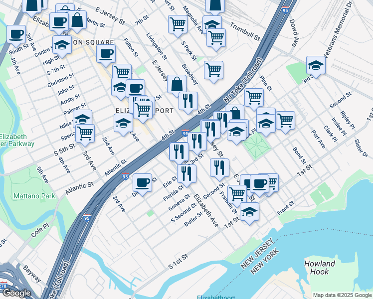 map of restaurants, bars, coffee shops, grocery stores, and more near 322 Franklin Street in Elizabeth