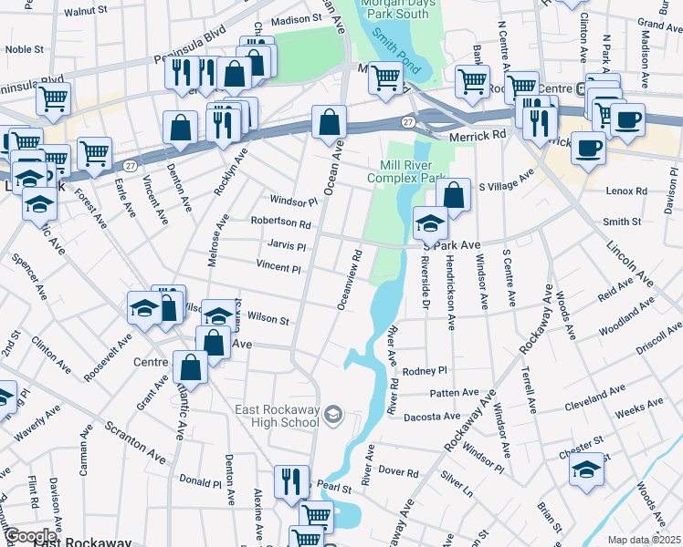 map of restaurants, bars, coffee shops, grocery stores, and more near 79 Mill River Avenue in Lynbrook