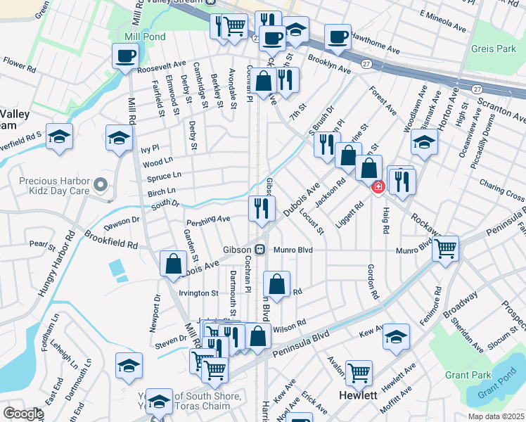 map of restaurants, bars, coffee shops, grocery stores, and more near 75 Poplar Street in Valley Stream