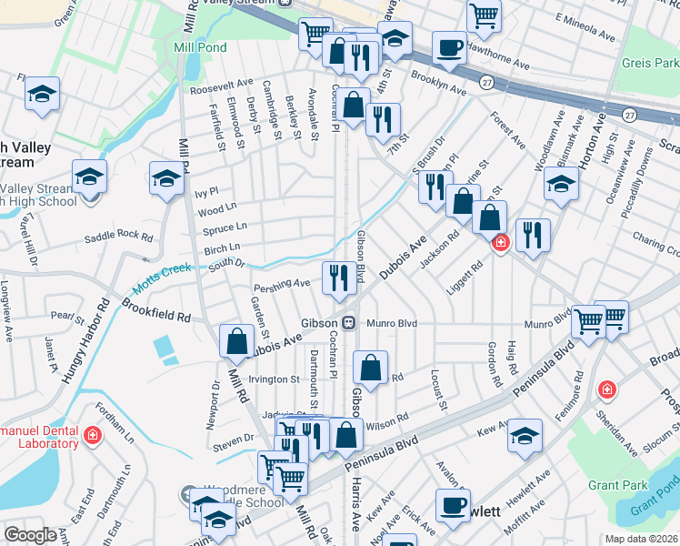 map of restaurants, bars, coffee shops, grocery stores, and more near in Valley Stream