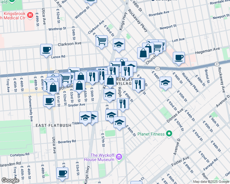 map of restaurants, bars, coffee shops, grocery stores, and more near 115 East 59th Street in Brooklyn