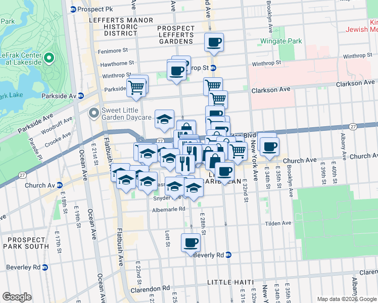 map of restaurants, bars, coffee shops, grocery stores, and more near 801 Rogers Avenue in Brooklyn