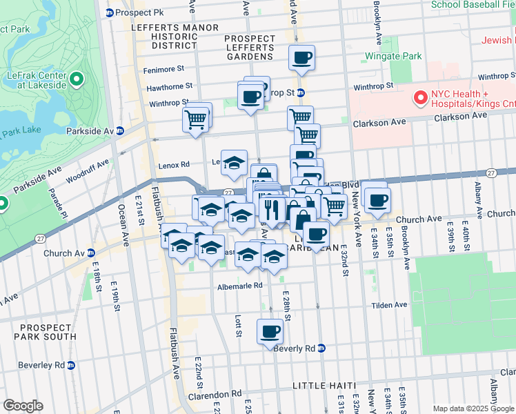 map of restaurants, bars, coffee shops, grocery stores, and more near 801 Rogers Avenue in Brooklyn