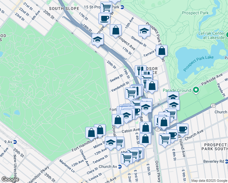 map of restaurants, bars, coffee shops, grocery stores, and more near 18 East 2nd Street in Brooklyn
