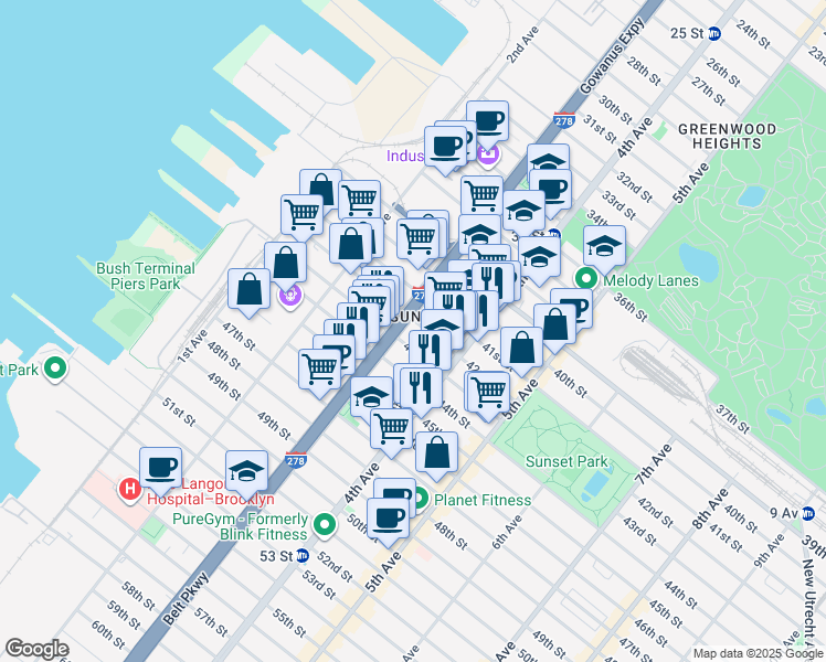 map of restaurants, bars, coffee shops, grocery stores, and more near 4313 3rd Avenue in Brooklyn