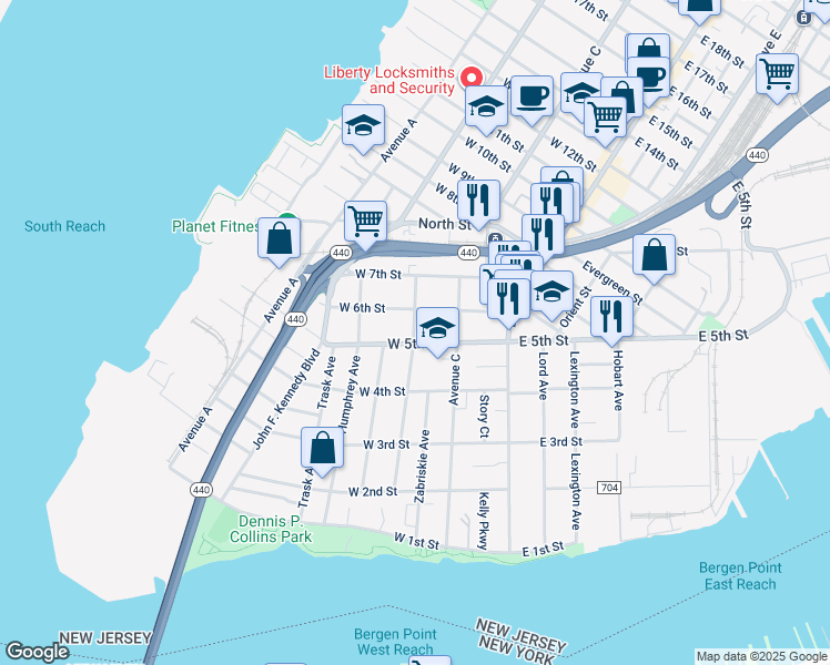 map of restaurants, bars, coffee shops, grocery stores, and more near 63 West 5th Street in Bayonne