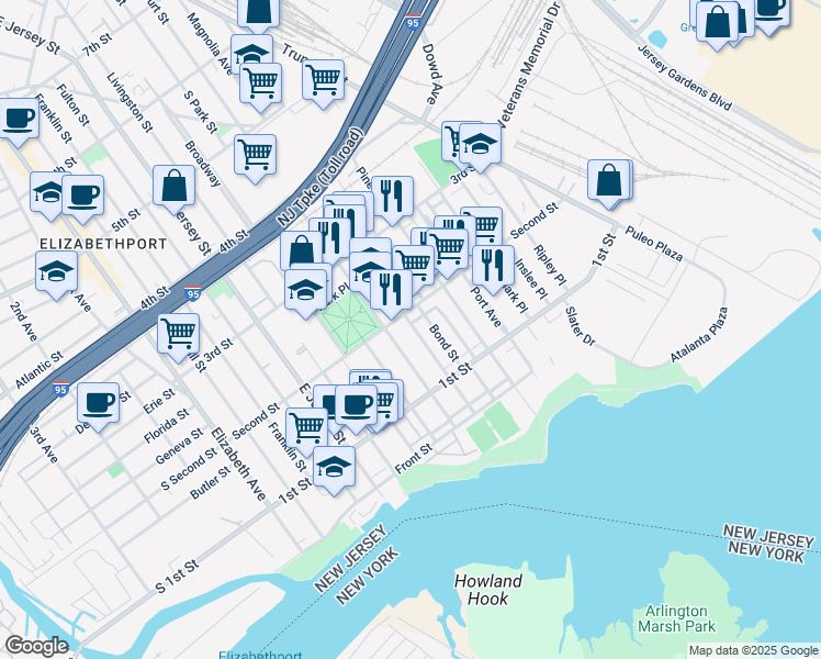 map of restaurants, bars, coffee shops, grocery stores, and more near 148 Magnolia Avenue in Elizabeth
