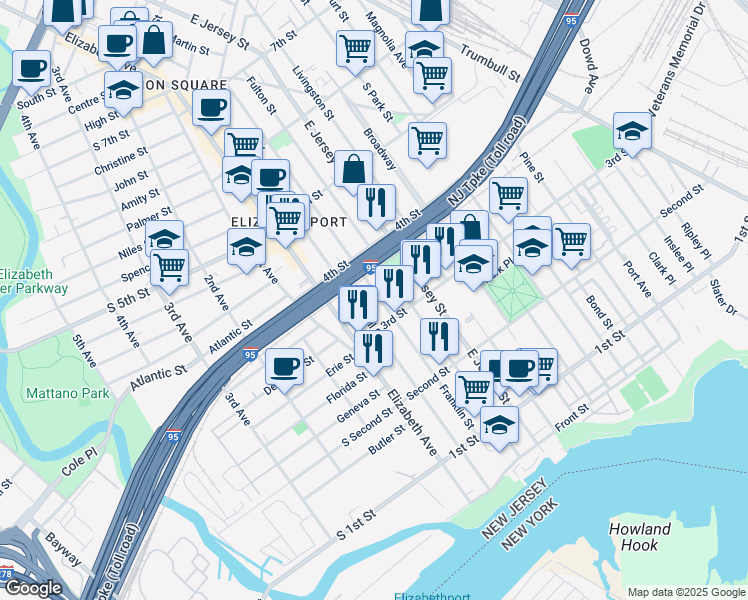 map of restaurants, bars, coffee shops, grocery stores, and more near 322 Franklin Street in Elizabeth