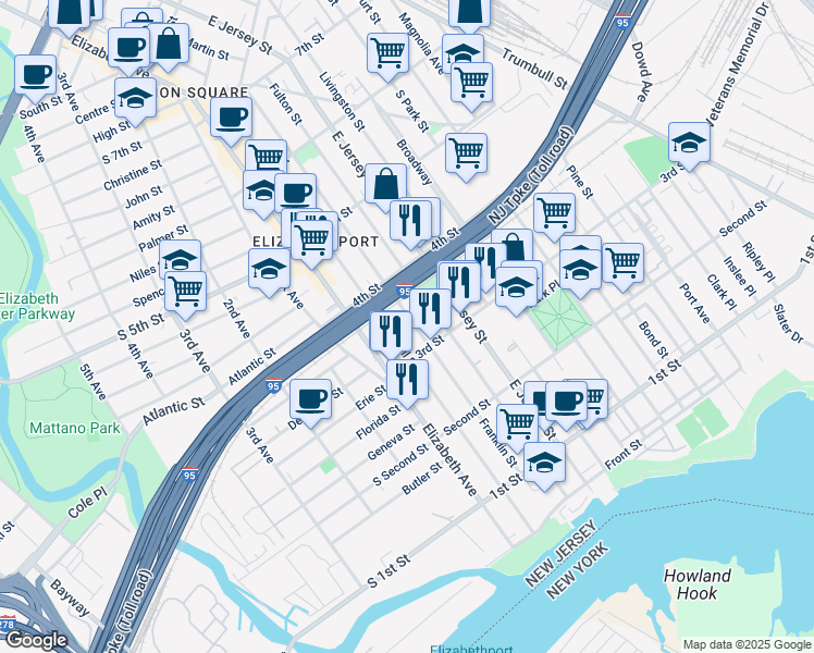 map of restaurants, bars, coffee shops, grocery stores, and more near 324-326 Marshall Street in Elizabeth