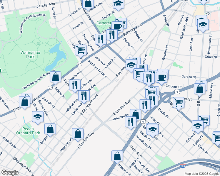 map of restaurants, bars, coffee shops, grocery stores, and more near 2138 Fay Avenue in Linden