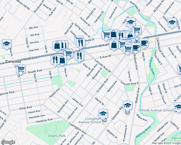 map of restaurants, bars, coffee shops, grocery stores, and more near 90 Benjamin Street in Cranford
